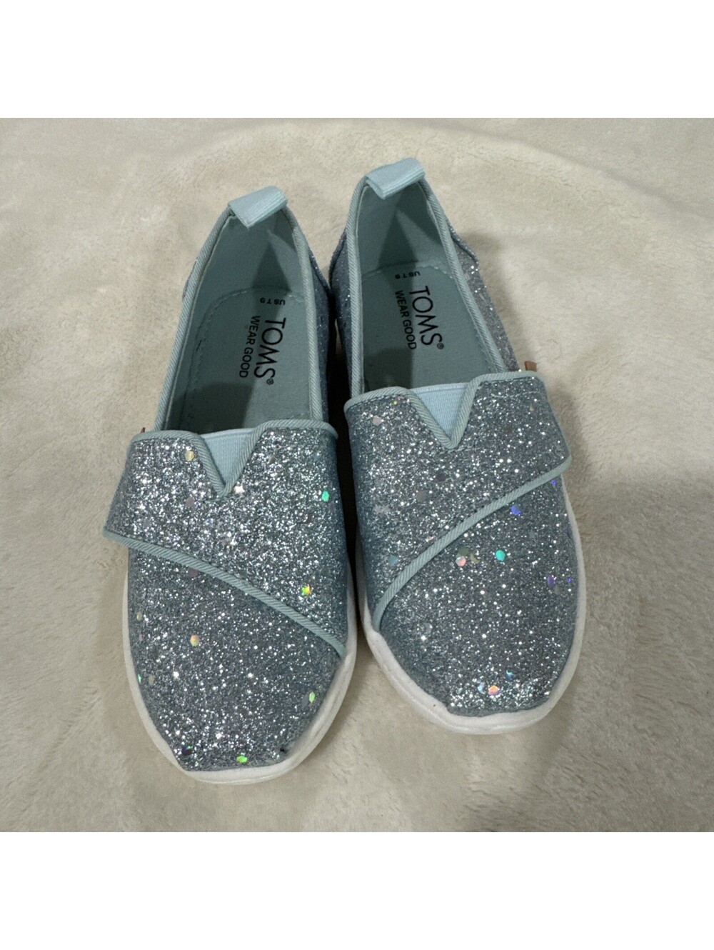 Toms Girls BLUE GLITTER Loafers Shoes 9 Medium Big Kid, Ships Free NEVER WORN